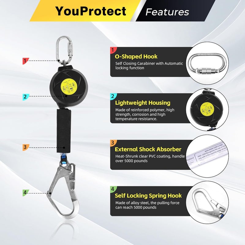 uProtect 11FT Self Retracting Lifeline Fall Protection Retractable Lanyard, Fall Arrest Safety Yoyo for Construction Industrial - OSHA/ANSI Compliant (Large Hook) - Image 2